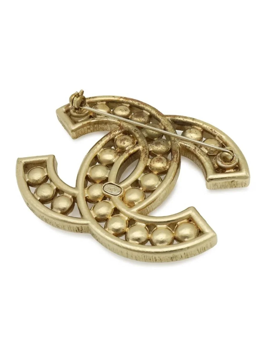Chanel CC Logo Jumbo CC Brooch Faux Pearl Bijou Rhinestone Gold Plated